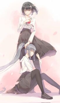 apple crying flower_ornament flowers_(innocent_grey) food fruit grey_hair hair_ornament hand_on_another&#039;s_head highres holding holding_another&#039;s_leg holding_food holding_fruit kafkasea petals ponytail sasaki_ringo school_uniform skirt yatsushiro_yuzuriha yuri