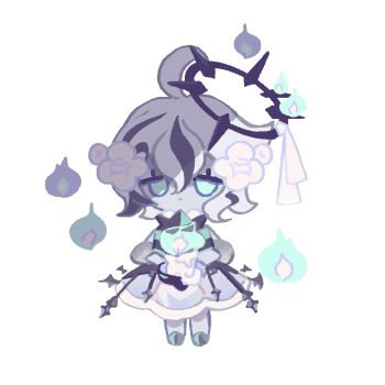 1girl :o aqua_bow aqua_bowtie aqua_eyes armored_shoes bare_legs bare_shoulders black_bow black_bowtie black_halo blue_fire bow bowtie bracer candy chibi colored_skin commentary cookie_run cookie_run:_kingdom detached_sleeves dress dripping expressionless eyelashes fire flower food grey_dress grey_shoes grey_skin grey_sleeves hair_between_eyes hair_flower hair_ornament halo halo_ribbon hitodama holding holding_candy holding_food long_sleeves looking_at_viewer medium_dress multicolored_hair mycookie no_socks parted_lips puffy_long_sleeves puffy_sleeves reed ribbon shoes short_hair simple_background single_stripe solo spiked_halo sprinkles standing streaked_hair striped_bow striped_bowtie striped_clothes symbol-only_commentary two-tone_bow two-tone_bowtie white_background white_flower white_hair white_ribbon