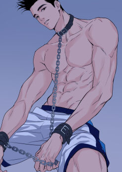 1boy 4305869_(pixiv4305869) black_hair chain character_request collar highres male_focus muscular muscular_male shorts slam_dunk_(series) solo tagme teeth topless_male