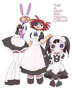 1boy 20daysapple 2girls alternate_costume animal_ears apron black_dress black_eyes black_footwear black_hair blue_neckerchief blush bow button_eye cleavage_cutout clenched_hands clothing_cutout collared_dress colored_sclera colored_skin colored_teeth constricted_pupils crossdressing crossdressing_(mtf) dress footwear_bow frilled_apron frilled_dress frilled_sleeves frills frown gloves hand_on_own_arm hat heart_cutout highres holding holding_apron holding_dress holding_own_arm holding_unworn_clothes jax_(the_amazing_digital_circus) jester_cap looking_at_another looking_at_viewer maid maid_apron maid_headdress male_focus male_maid multiple_girls neckerchief pomni_(the_amazing_digital_circus) puffy_short_sleeves puffy_sleeves purple_skin rabbit_boy rabbit_ears ragatha_(the_amazing_digital_circus) red_hair short_hair short_sleeves smile sweat teeth the_amazing_digital_circus thighhighs triangle_nose waist_apron white_apron white_gloves white_thighhighs wide-eyed yellow_sclera yellow_teeth