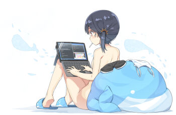 ass bean_bag_chair breasts computer feet female_focus focused full_body hatsunatsu loli nude nude_in_front_of_computer revision shorts simple_background sitting slippers small_breasts soles sportswear tagme tank_top twintails typing unworn_clothes whale