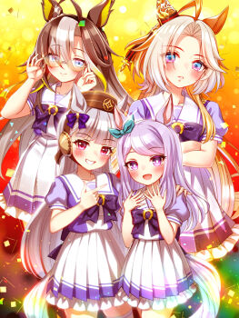 4girls ahoge animal_ears aqua_bow black_hair blue_eyes blunt_bangs blush bow bowtie breasts brown_hair brown_hat closed_mouth collarbone commentary_request dream_journey_(umamusume) ear_bow ear_covers ear_ribbon eyewear_strap glasses gold_ship_(umamusume) grey_hair grin hair_between_eyes hat highres horse_ears horse_girl horse_tail long_hair looking_at_viewer mejiro_mcqueen_(umamusume) multicolored_hair multiple_girls open_mouth orange_hair orfevre_(umamusume) parted_lips pillbox_hat pleated_skirt puffy_short_sleeves puffy_sleeves purple_bow purple_bowtie purple_eyes purple_hair purple_shirt sailor_collar sailor_shirt school_uniform shirt short_sleeves single_ear_cover skirt smile sugimotty_nova tail teeth tracen_school_uniform two-tone_hair umamusume white_hair white_sailor_collar white_skirt