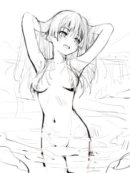 1girl absurdres armpits arms_up blush breasts completely_nude convenient_hair hair_over_breasts highres long_hair medium_breasts monochrome musaki_(msaki666) navel nude onsen open_mouth saten_ruiko sketch solo standing toaru_kagaku_no_railgun toaru_majutsu_no_index water