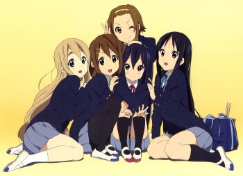 Rule 34 | 5girls, absurdres, akiyama mio, anime coloring, bag, black hair, black pantyhose, black socks, blazer, blonde hair, blue bag, blue eyes, blush, brown eyes, brown hair, closed mouth, crossed wrists, double-parted bangs, drumsticks, gradient background, grey skirt, hair ornament, hairband, hairclip, hand on another's head, hand on another's shoulder, happy, highres, hirasawa yui, ho-kago tea time, horiguchi yukiko, jacket, k-on!, kneehighs, kotobuki tsumugi, long hair, multiple girls, nakano azusa, official art, one eye closed, open mouth, pantyhose, photoshop (medium), ribbon, round teeth, sakuragaoka high school uniform, scan, school uniform, shoes, short hair, shoulder bag, sitting, skirt, smile, socks, split mouth, tainaka ritsu, teeth, textless version, third-party source, twintails, unworn bag, uwabaki, v, wariza, white shoes, white socks, yellow background, yokozuwari