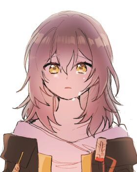 Rule 34 | 1girl, 5rwpvc, black jacket, collarbone, crying, crying with eyes open, grey hair, hair between eyes, highres, honkai: star rail, honkai (series), jacket, lapels, long hair, looking at viewer, open clothes, open jacket, open mouth, sad, shirt, sidelocks, simple background, solo, stelle (honkai: star rail), t-shirt, tears, trailblazer (honkai: star rail), upper body, white background, white shirt, yellow eyes