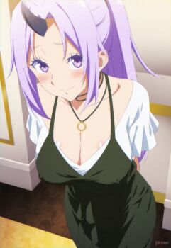1girl absurdres arms_behind_back bare_shoulders black_dress black_horns blush breasts collarbone dress full_body highres horns indoors jewelry large_breasts long_hair looking_at_viewer necklace oni ponytail purple_eyes purple_hair shion_(tensura) single_horn smile solo tensei_shitara_slime_datta_ken very_long_hair zuharu