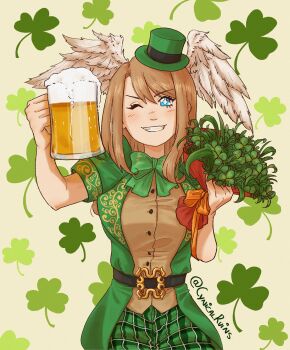 1girl absurdres artist_name aurora_(cynicalruins) beer_mug belt blue_eyes bouquet bow bowtie breasts bright_pupils clover commentary cup english_commentary eunie_(xenoblade) eyelashes floral_background flower glass green_bow green_bowtie green_flower hat head_wings highres holding holding_bouquet holding_cup large_breasts looking_at_viewer mug one_eye_closed saint_patrick&#039;s_day shamrock smile solo star-shaped_pupils star_(symbol) swept_bangs symbol-shaped_pupils teeth top_hat twitter_username white_pupils wings xenoblade_chronicles_(series) xenoblade_chronicles_3