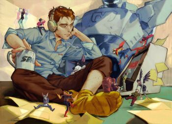 4girls 6+boys beef_(dispatch) blue_shirt brown_pants commentary coupe_(dispatch) cup dispatch dog english_commentary flambae_(dispatch) golem_(dispatch) head_on_hand headset highres holding holding_cup invisigal kilgaaaaaarra malevola_(dispatch) monitor multiple_boys multiple_girls pants phenomaman prism_(dispatch) punch_up_(dispatch) robert_robertson shirt socks sonar_(dispatch) superhero_costume waterboy_(dispatch) yellow_socks