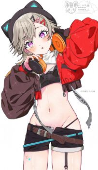 1girl 31yuno animal_hat blonde_hair blush breasts cat_hat cropped_shirt curvy facial_mark gloves hair_ornament hairpin hashtag-only_commentary hat hat_with_ears headphones headphones_around_neck highres jacket komori_met multicolored_jacket multiple_hairpins navel orange_jacket panty_straps partially_fingerless_gloves purple_eyes quilted_jacket short_hair small_breasts solo star_(symbol) star_tattoo stomach surprised tattoo thigh_strap thighs triangle triangle_facial_mark virtual_youtuber vspo!