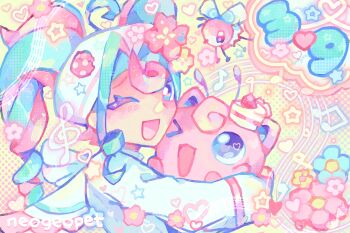 1girl 39 ;d ahoge alternate_color aqua_hair bug_miku_(project_voltage) cake colorful commentary crossover cutiefly english_commentary fairy_miku_(project_voltage) flower food fusion gen_1_pokemon gen_7_pokemon hair_flower hair_ornament hat hatsune_miku heisei_retro highres holding holding_pokemon hue_shifting jigglypuff long_hair looking_at_viewer multicolored_hair musical_note neogeopet nintendo one_eye_closed open_mouth pink_hair pokemon pokemon_(creature) project_voltage school_uniform serafuku shiny_pokemon smile solo star_(symbol) treble_clef twintails two-tone_hair upper_body vocaloid yellow_background yume_kawaii