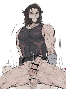 Rule 34 | 2boys, anal, bottomless, brown hair, censored, cum, cum in ass, deadpool &amp; wolverine, deadpool (series), ejaculating while penetrated, ejaculation, erection, facial hair, gyeleul, highres, large pectorals, long hair, marvel, marvel, motion lines, multiple boys, muscular, muscular male, nicepool, pectorals, penis, power bottom, sex, straddling, superhero costume, testicles, wolverine (x-men), x-men, yaoi