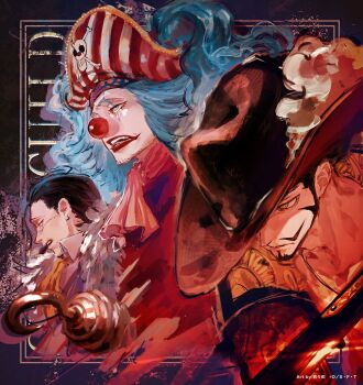 3boys artist_name ascot beard black_hair blue_hair buggy_the_clown coat commentary_request crocodile_(one_piece) dracule_mihawk facial_hair hair_slicked_back hat hat_feather highres holding holding_sword holding_weapon hook_hand long_hair looking_ahead makeup male_focus momota_ro5555 multiple_boys official_art one_piece pirate_hat red_lips red_nose sideburns stitched_face stitches sword upper_body weapon yellow_eyes