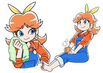 1girl barefoot blue_eyes blue_overalls brown_hair earrings flower_earrings highres holding holding_towel jewelry junnosu long_hair mario_(series) mario_kart mario_kart_tour multiple_views nail_polish nintendo orange_nails orange_shirt overalls princess_daisy princess_daisy_(farmer) shirt simple_background sitting towel white_background