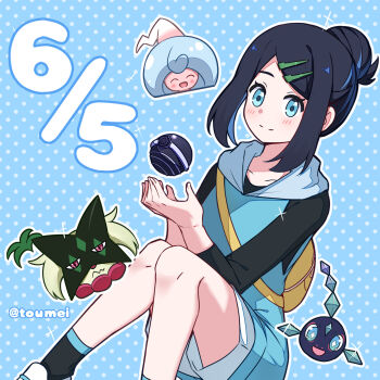 1girl backpack bag black_hair black_shirt blue_background blue_eyes blue_vest closed_mouth collarbone commentary_request gen_8_pokemon hair_bun hair_ornament hairclip hattrem highres hood hood_down hooded_vest hoodie knees_together_feet_apart light_blush liko_(pokemon) meowscarada nintendo outline pokemon pokemon_(anime) pokemon_(creature) pokemon_horizons shirt shorts sidelocks single_hair_bun smile split_mouth swept_bangs tera_orb terapagos toumei_4869 vest white_shorts yellow_bag