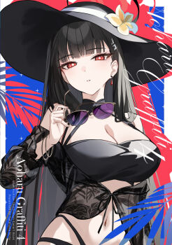 1girl absurdres bare_shoulders bikini black_bikini black_hair black_hat black_shirt blue_archive breasts bright_pupils cleavage commentary_request cover cover_page earrings flower halo halterneck hat hat_flower highres holding holding_removed_eyewear jewelry large_breasts long_hair looking_at_viewer multi-strapped_bikini_bottom navel off_shoulder parted_lips red_eyes rio_(blue_archive) see-through_clothes see-through_shirt shirt single_earring solo stomach sun_hat sunglasses swimsuit takehana_note unworn_eyewear upper_body very_long_hair