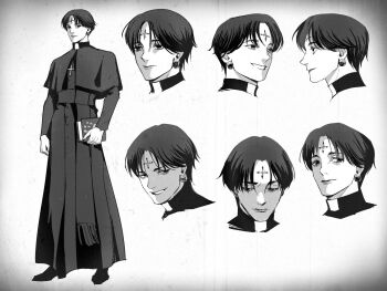Rule 34 | 1boy, 63roku63, black hair, black robe, chrollo lucilfer, clerical collar, cross tattoo, earrings, facial mark, forehead mark, forehead tattoo, full body, greyscale, highres, hunter x hunter, jewelry, male focus, monochrome, priest, robe, simple background, tattoo