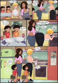 2boys 2girls all_fours ass bad_tag bent_over black_hair blonde_hair blush breasts closed_eyes comic cooking denim female hetero highleg highleg_panties highres jeans male mature_female multiple_boys multiple_girls navel original panties pants pink_panties pink_thong rape shadman shota smelling smelling_ass speech_bubble standing straight_hair straight_shota thong uncensored underwear
