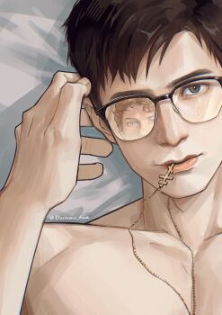 2boys absurdres blonde_hair blue_eyes brown_eyes brown_hair commentary electronic_kook english_commentary glasses heated_rivalry highres ilya_rozanov jewelry looking_at_viewer male_focus multiple_boys necklace necklace_in_mouth nipples nude out_of_frame parted_hair pectorals reflective_eyewear shane_hollander topless_male twitter_username upper_body yaoi