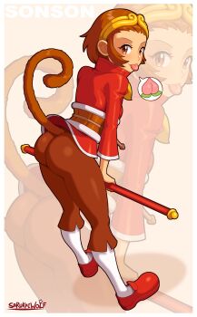 1girl :p absurdres animal_ears artist_name ass bo_staff brown_eyes brown_hair character_name chinese_clothes circlet food fruit full_body highres holding holding_staff looking_at_viewer looking_back marvel_vs._capcom monkey monkey_ears monkey_tail pants peach sarukaiwolf shoes short_hair socks solo sonson spoken_food staff tail tongue tongue_out white_socks zoom_layer
