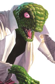 1boy absurdres alex_ross black_shirt colored_skin comic_cover cover cover_page green_skin highres lab_coat lizard_(marvel) looking_at_viewer male_focus marvel monster_boy official_art open_mouth pants pink_eyes purple_pants reptile_boy saliva saliva_trail shirt solo spider-man_(series) tongue torn_clothes torn_coat upper_body western_comics_(style) white_background