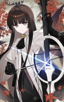 1girl absurdres arknights ascot black_ascot black_gloves black_hair black_halo black_skirt blunt_bangs bow_(music) broken_halo closed_mouth dark_halo detached_wings diffraction_spikes energy_wings frilled_ascot frills gloves grey_eyes halo highres hime_cut holding holding_bow_(music) instrument jacket leaf long_hair long_sleeves looking_at_viewer maple_leaf maple_tree mole mole_under_eye nishimiya_aki sidelocks skirt smile solo straight_hair tree violin virtuosa_(arknights) white_jacket wing_collar wings