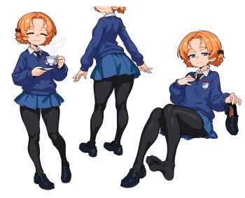 1girl absurdres ass bingbingzi black_necktie black_pantyhose blue_eyes blue_skirt blue_sweater braid breasts closed_eyes closed_mouth cropped_head cup from_behind full_body girls_und_panzer hand_on_own_chest highres holding holding_cup holding_saucer looking_at_viewer looking_back multiple_views necktie orange_hair orange_pekoe_(girls_und_panzer) pantyhose removing_shoes saucer school_uniform shirt shoes short_hair simple_background single_shoe sitting skirt small_breasts smile soles sweater teacup unworn_shoes white_background white_shirt