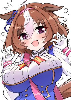 1girl @_@ absurdres ahoge animal_ears arnolddayo between_breasts blush bow breasts brown_hair double-parted_bangs ear_ribbon ears_down hair_between_eyes hairband highres horse_ears horse_girl horse_tail large_breasts long_sleeves medium_hair meisho_doto_(umamusume) multicolored_hair open_mouth pink_hairband purple_eyes short_hair smile strap_between_breasts tail two-tone_hair umamusume umamusume:_road_to_the_top white_hair