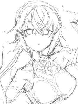 Rule 34 | 1girl, bad id, bad twitter id, breasts, closed mouth, donom 1, empty eyes, greyscale, grimms notes, hand up, looking at viewer, magic mirror (grimms notes), monochrome, sketch, solo, upper body