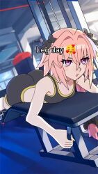1boy 2025 amplected androgynous animated ass astolfo_(fate) audible_music bare_legs bare_shoulders black_bow black_shirt black_shorts bow braid bulge clenched_hands commentary crop_top day dutch_angle english_commentary english_text exercising fang fate/apocrypha fate_(series) foreshortening gym gym_shorts hair_bow half-closed_eyes highres huge_ass indoors jiggle leg_lift light_blush long_hair looking_at_viewer low-braided_long_hair low-tied_long_hair low_ponytail lying lying_leg_curl male_focus meme midriff multicolored_hair multiple_views music on_stomach open_mouth parted_bangs pink_hair ponytail purple_eyes shirt shoes shorts skin_fang smile smug sneakers sound straight-on streaked_hair sunlight tank_top trap video white_hair white_shoes yellow_trim