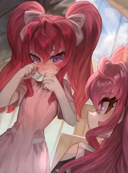 Rule 34 | 2girls, ahoge, blush, clenched hands, commission, cross ange tr, crying, dress, hair ribbon, highres, hilda (cross ange), long hair, m0 chi, multiple girls, naomi (cross ange), non-web source, pink hair, pixiv commission, purple eyes, red hair, ribbon, twintails, window