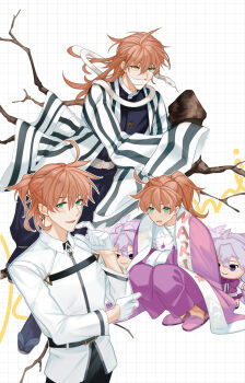 1boy ahoge alternate_costume arlizi bandage_on_face bandages belt blush branch chaldea_uniform cosplay demon_slayer_uniform fate/grand_order fate_(series) fujimaru_ritsuka_(male) fujimaru_ritsuka_(male)_(cosplay) gloves green_eyes grid_background hair_between_eyes hands_in_opposite_sleeves haori happi heterochromia highres iguro_obanai iguro_obanai_(cosplay) japanese_clothes kaburamaru kimetsu_no_yaiba long_hair long_sleeves looking_at_viewer male_focus medium_hair merlin_(fate) multiple_views open_mouth orange_hair ponytail romani_archaman simple_background sleeves_past_fingers sleeves_past_wrists slippers smile snake squatting stuffed_toy sweat white_background white_gloves white_snake yellow_eyes