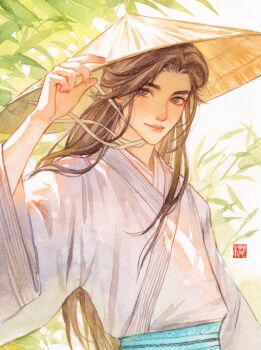 Rule 34 | 1boy, adjusting clothes, adjusting headwear, arm at side, backlighting, bishounen, blue sash, brown hair, chinstrap, chinese clothes, choppy bangs, closed mouth, curtained hair, fingernails, grey eyes, hair over shoulder, hand up, hanfu, happy, hat, highres, leaf, lips, long hair, long sidelocks, looking at viewer, male focus, outdoors, parted bangs, patterned sash, plant, puffy lips, rice hat, sash, shade, sidelocks, simple background, smile, standing, straight hair, sunlight, taemintbonbon, tareme, thick eyebrows, tianguan cifu, upper body, very long hair, white background, white hanfu, wide sleeves, xie lian