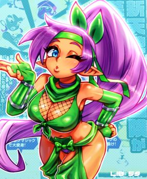blowing_kiss blue_eyes blush breasts cleavage crop_top dark-skinned_female dark_skin elbow_gloves fingerless_gloves gloves highres large_breasts lib_100 long_hair looking_at_viewer ninja one_eye_closed panties pointy_ears purple_hair shantae shantae_(series) underwear very_long_hair wide_hips wink