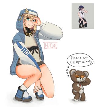 1boy androgyne_symbol blonde_hair blue_hoodie blue_shoes bridget_(guilty_gear) chainsaw_man commentary english_commentary green_eyes guilty_gear guilty_gear_strive hand_up highres hirji hood hood_up hoodie looking_at_viewer reference_inset reze_(chainsaw_man) reze_dance roger_(guilty_gear) self-upload shirt shoes simple_background skirt smile speech_bubble stuffed_animal stuffed_toy teddy_bear thighs thought_bubble watermark white_background