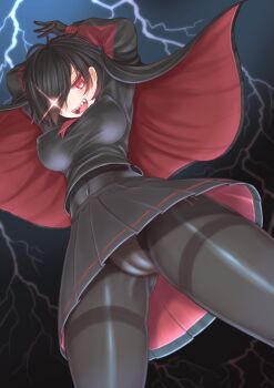 1girl :d arms_up black_bodysuit black_cape black_gloves black_hair black_pantyhose black_shirt black_skirt blush bodysuit borrowed_character breasts cameltoe cape commentary_request covered_erect_nipples covered_navel cowboy_shot gloves grey_background hair_over_eyes hair_over_one_eye harunoha highres large_breasts lightning long_bangs looking_at_viewer open_mouth original panties panties_under_pantyhose pantyhose pleated_skirt red_cape red_eyes sharp_teeth shirt skirt smile solo teeth thighband_pantyhose two-sided_cape two-sided_fabric underwear white_panties