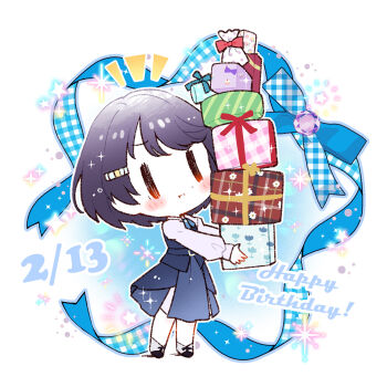 Rule 34 | 1girl, :t, azabu mai, black shoes, blue dress, blush, box, chibi, chibi only, closed mouth, commentary request, dated, dress, full body, gift, gift box, happy birthday, highres, ikizulive! love live! bluebird, kiyose akame, long sleeves, love live!, notice lines, orange eyes, pout, puffy long sleeves, puffy sleeves, purple hair, shirt, shoes, short hair, solo, standing, strapless, strapless dress, too many gifts, white shirt