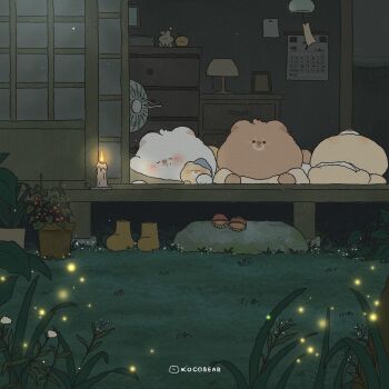 Rule 34 | animal, architecture, artist name, bear, boots, calendar (object), candle, chibi, commentary, east asian architecture, electric fan, fireflies, flower, glowing, grass, highres, interior, kocobear, lamp, lying, night, no humans, original, outdoors, picture frame, plant, potted plant, rock, sandals, scenery, sleeping, solid circle eyes, symbol-only commentary