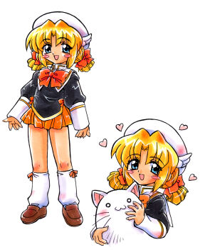 Rule 34 | 1girl, absurdres, animal, arm warmers, beret, black eyes, black shirt, blonde hair, blue eyes, bow, bowtie, brown shoes, cat, commentary request, cropped torso, full body, hair bow, hand up, hat, heart, highres, hinagiku (quintet), holding, holding animal, kneehighs, kokomahi, loafers, looking at viewer, low twintails, multiple views, official art, open mouth, orange bow, orange bowtie, orange skirt, pleated skirt, puritan collar, quintet (drama cd), school uniform, shirt, shoes, short hair, short twintails, simple background, skirt, smile, socks, standing, twintails, white arm warmers, white background, white cat, white hat, white socks, wing hat ornament
