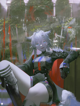 absurdres animal_ears antenna_hair aqua_eyes arknights arm_rest black_boots black_gloves boots breasts chinese_commentary commentary_request cropped_jacket floppy_ears gloves gradient_hair grey_hair hair_between_eyes hair_intakes hair_ornament hairclip highres jacket knee_boots lappland_(arknights) lappland_the_decadenza_(arknights) long_hair looking_at_viewer mackia medium_breasts mixed_media multicolored_hair necktie open_clothes open_jacket parted_lips photo_bashing shirt sidelocks sitting sleeves_past_wrists smile teeth upper_teeth_only white_shirt wolf_ears