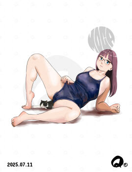 1girl barefoot blue_one-piece_swimsuit breasts brown_hair cat covered_erect_nipples dated full_body glasses green_eyes long_hair looking_at_viewer lying medium_breasts one-piece_swimsuit original q98780409 school_swimsuit simple_background solo spread_legs swimsuit thighs white_background wide_spread_legs