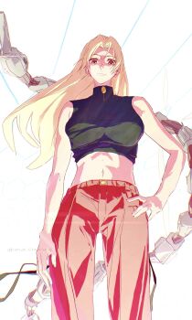1girl absurdres blonde_hair breasts commentary_request crop_top garuda_(jujutsu_kaisen) hand_on_own_hip highres jujutsu_kaisen large_breasts long_hair looking_at_viewer masapa8 midriff navel orange_eyes pants red_pants shirt sleeveless sleeveless_shirt solo tank_top tsukumo_yuki_(jujutsu_kaisen)