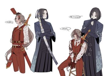Rule 34 | 2boys, arms behind back, belt, black eyes, black hair, blood, blood on clothes, blood on face, blunt ends, bob cut, bruise, bruise on face, collared shirt, commentary request, crossed arms, grey hair, hakama, highres, holding, holding sword, holding weapon, injury, japanese clothes, korean commentary, limbus company, long sleeves, low ponytail, lucio (project moon), male focus, multiple boys, necktie, ponytail, project moon, purple eyes, red vest, ren (project moon), shirt, suspenders, sword, sword on back, turtleneck, u pu u, vest, weapon, weapon on back