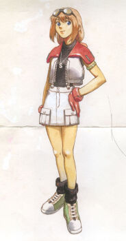 Rule 34 | 1girl, ankle socks, archived source, arm at side, armband, black shirt, black socks, brown hair, cargo skirt, closed mouth, commentary request, eyelashes, full body, gloves, goggles, goggles on head, green shoes, hand on own hip, jewelry, korean commentary, legs together, looking at viewer, looking to the side, low ponytail, medium hair, medium request, miniskirt, necklace, open clothes, open vest, opon, original, pocket, ponytail, red gloves, shirt, shoes, sidelocks, skirt, sleeveless, sleeveless shirt, smile, socks, solo, traditional media, turtleneck, turtleneck shirt, unzipped, vest, white skirt, white vest, zipper