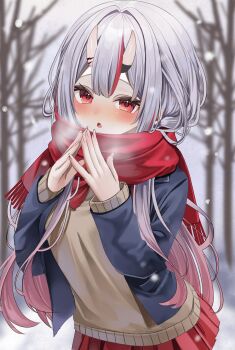1girl alternate_costume bare_tree blazer blue_jacket blurry blurry_background blush breath brown_sweater center-flap_bangs commentary_request enpera gradient_hair grey_hair hair_between_horns hands_up highres hololive horns jacket long_hair long_sidelocks looking_at_viewer miniskirt multicolored_hair nakiri_ayame ohagetty oni open_mouth pleated_skirt red_eyes red_hair red_scarf red_skirt scarf school_uniform sidelocks skin-covered_horns skirt snow snowing solo steepled_fingers streaked_hair sweater tree very_long_hair virtual_youtuber