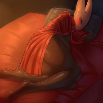 1girl arthropod_girl artist_name ass barefoot bed black_eyes black_skin cloak colored_skin full_body highres hollow_eyes hollow_knight horned_mask hornet_(hollow_knight) lying mask on_side red_cloak shiny_skin sleeping solo sweat thedayunboi white_mask
