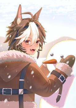 Rule 34 | 1girl, absurdres, ahoge, animal ear fluff, animal ears, black mittens, brown eyes, brown hair, brown jacket, carrot, coat, commentary, commission, english commentary, fangs, fur-trimmed coat, fur trim, highres, horse ears, horse girl, indie virtual youtuber, jacket, kagami1118, mittens, multicolored hair, open mouth, second-party source, shadow, short hair, skeb commission, snowman, solo, tomoe umari, two-tone hair, virtual youtuber, white hair