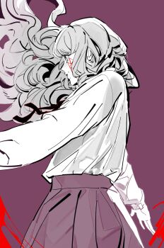 1girl cowboy_shot face_piercing facial_mark fear_&amp;_hunger_(series) fear_&amp;_hunger_2:_termina floating_hair frost highres limited_palette long_hair long_sleeves marina_(fear_&amp;_hunger) mouth_piercing pankepen piercing purple_background purple_skirt shirt shirt_tucked_in skirt solo white_shirt