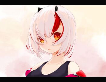 1girl black_horns commentary_request highres horns indie_virtual_youtuber looking_at_viewer multicolored_hair orange_eyes portrait red_hair short_hair solo streaked_hair tobebuta_(thepigcanfly) utsutsu_yomi virtual_youtuber white_hair