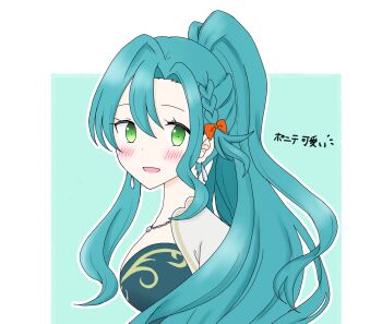0drayveer8rlihn 1girl alternate_hairstyle aqua_hair bow braid breasts chloe_(fire_emblem) commentary_request earrings fire_emblem fire_emblem_engage green_eyes high_ponytail highres jewelry looking_at_viewer medium_breasts nintendo open_mouth orange_bow ponytail side_braid solo teardrop_earrings translated