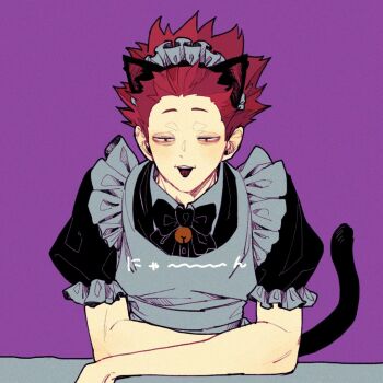 Rule 34 | 1boy, alternate costume, animal ears, apron, black dress, cat ears, cat tail, collared dress, commentary request, crossdressing, crossdressing (mtf), dress, enmaided, fake animal ears, frilled apron, frills, haikyuu!!, maid, maid apron, male focus, male maid, open mouth, purple background, simple background, solo, tail, tendou satori, tkr 241, translation request, white apron